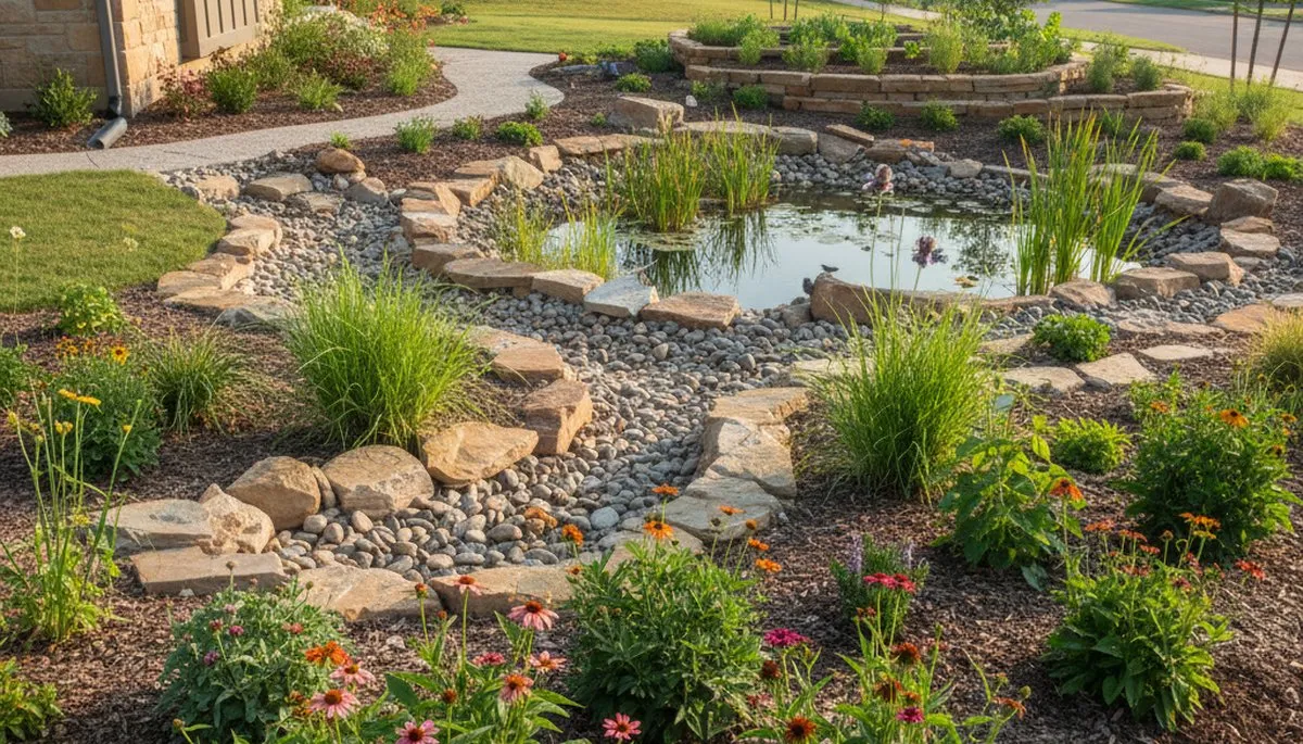 Rain garden with natural filtration by organic landscapers in Oklahoma City, OK promoting water conservation