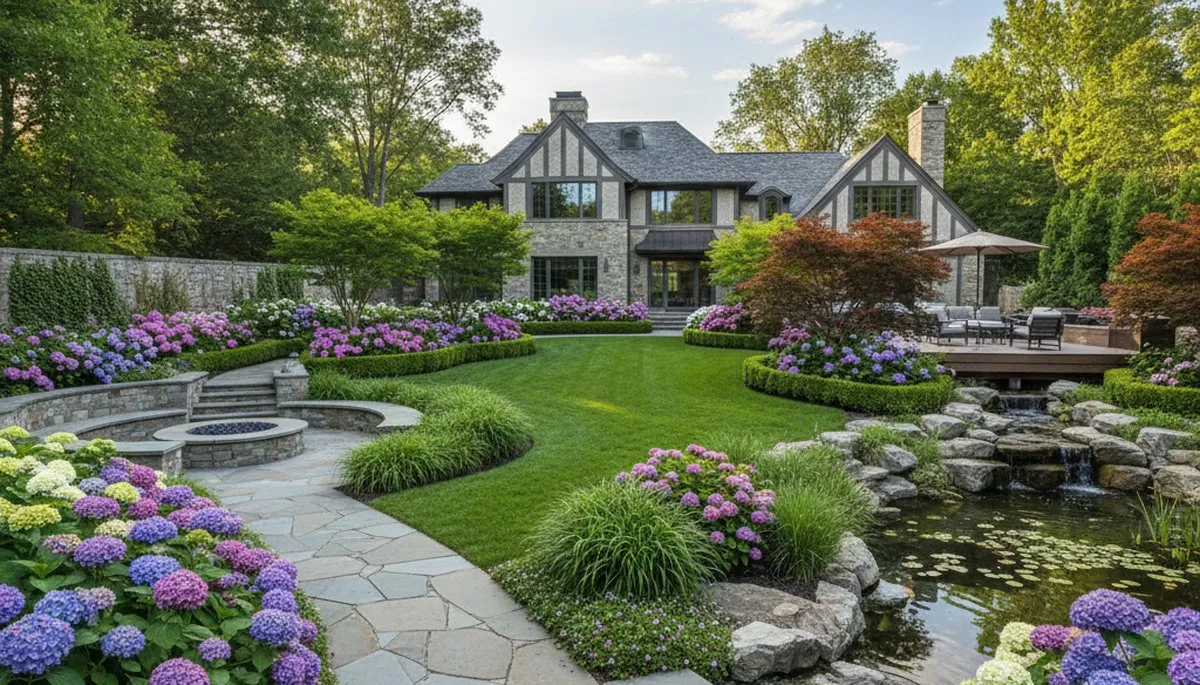 Full property landscape design with lawn, trees, and stone beds in Oklahoma City, OK residential yard