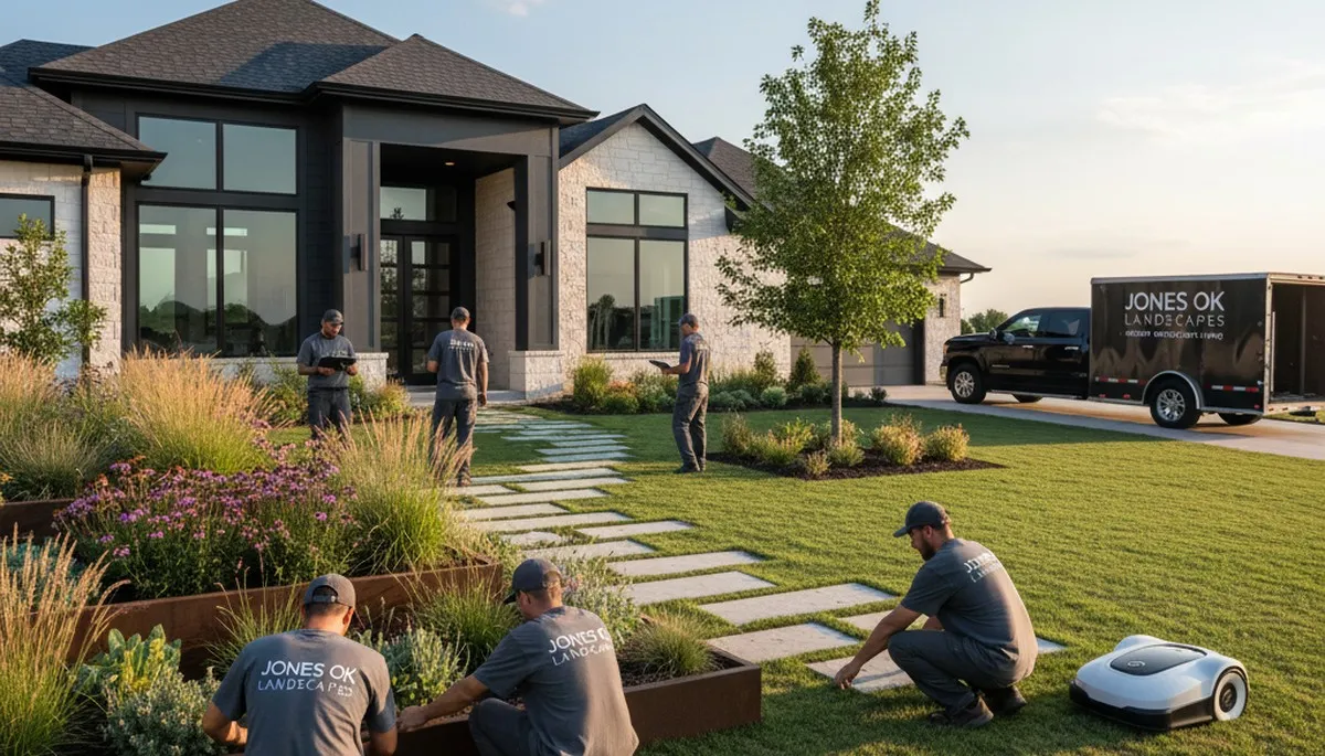 Landscaping crew providing lawn care service in Oklahoma City, OK