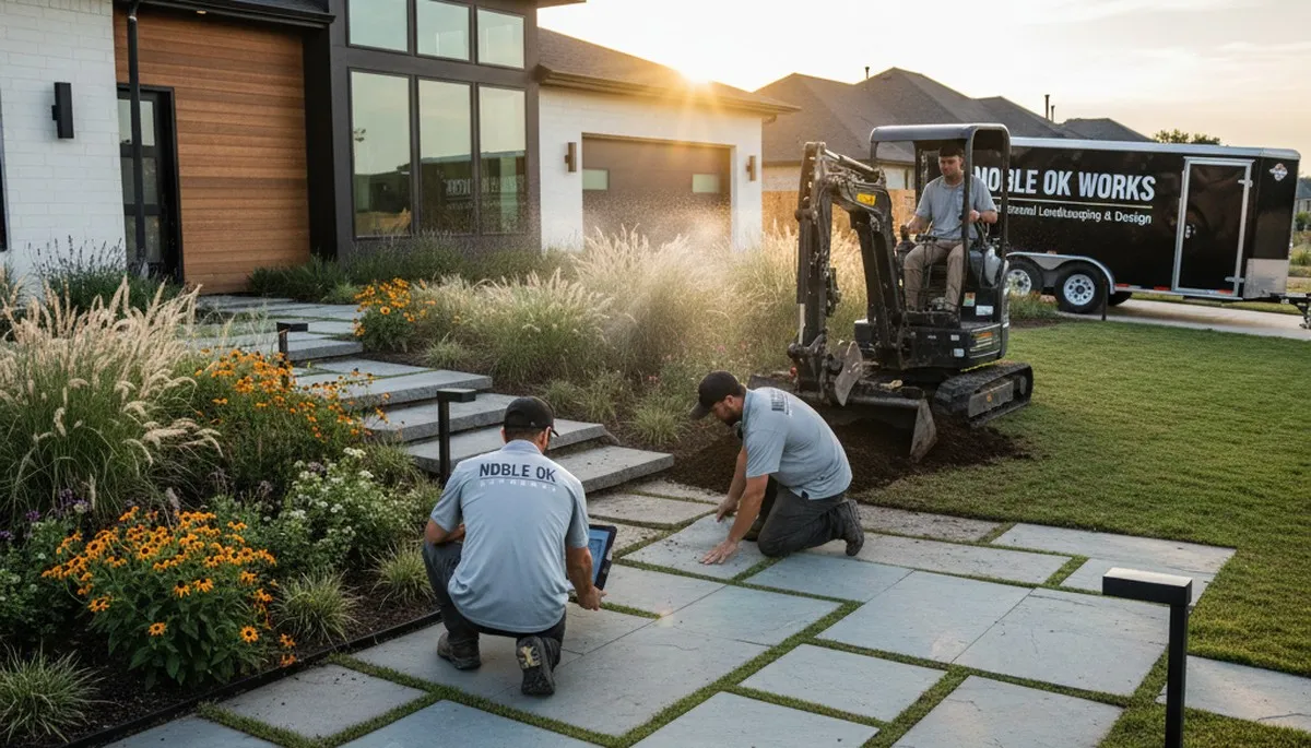 Landscaping crew servicing a lawn in Oklahoma City, OK with professional lawn care equipment