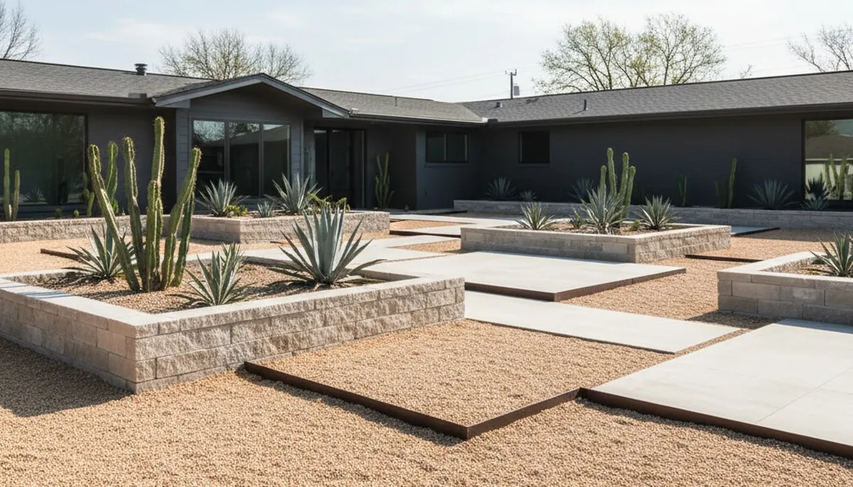 Modern minimalist pea gravel landscape design in Oklahoma City, OK by Chop Chop Landscaping