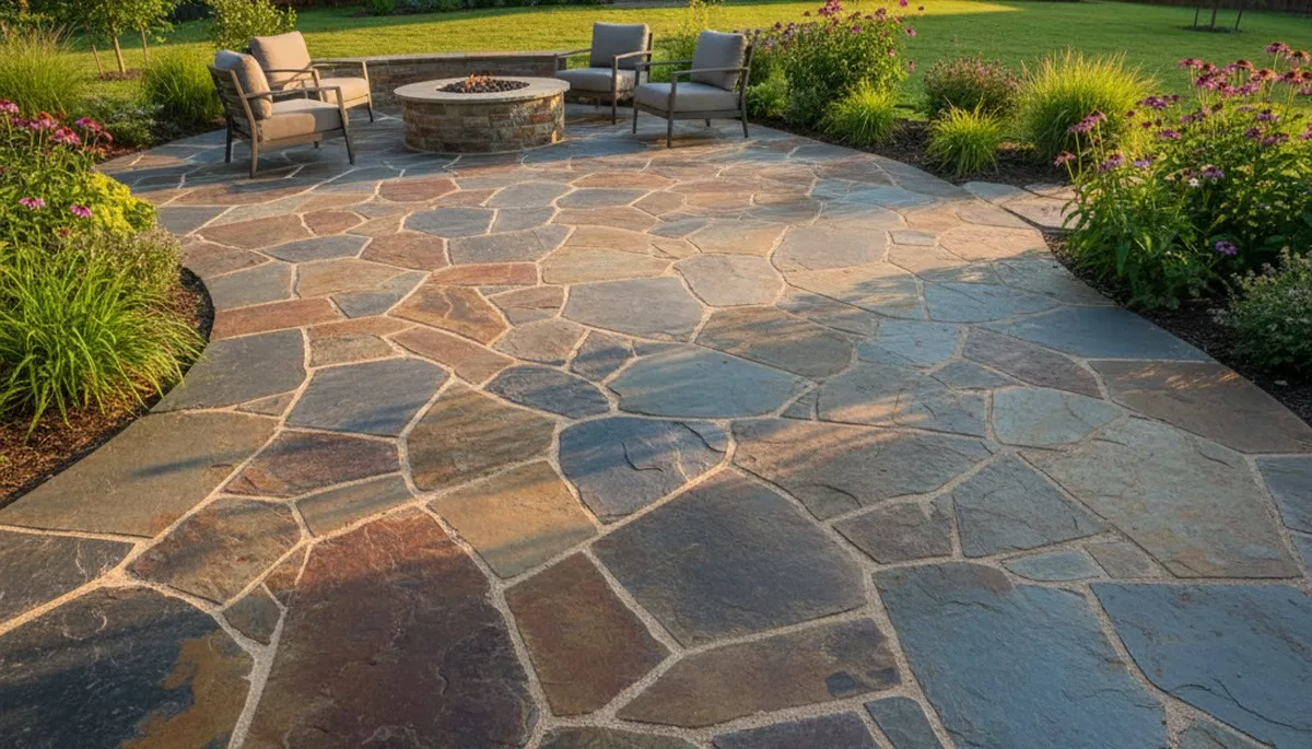 Natural flagstone patio with slate pavers installed by Chop Chop Landscaping in Oklahoma City, OK