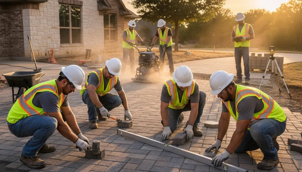 Crew installing interlocking driveway pavers in Oklahoma City, OK for Chop Chop Landscaping