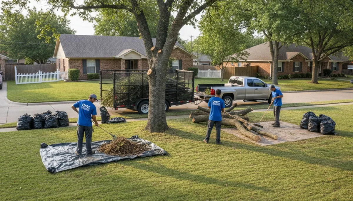 Workers performing yard cleanup and debris hauling at a residential property in Oklahoma City, OK